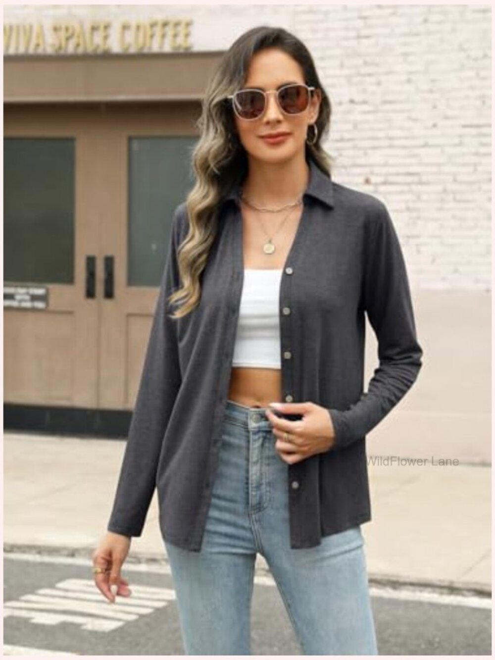 Long Sleeve Button Down Shirt Dressy Casual Tunic Top - Picture 4 of 7